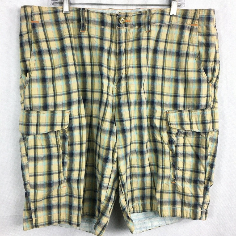 Tommy Bahama Shorts Mens Sz 38 Beige Blue Plaid‎ Cotton Bermuda Cargo